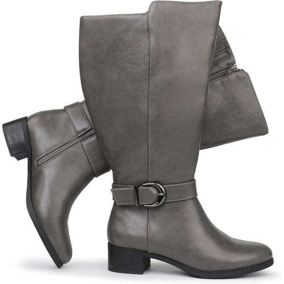 ⚡Women's Grey Synthetic Extra Wide Calf Pull On Side Zipper Knee High Boots - Picture 1 of 5
